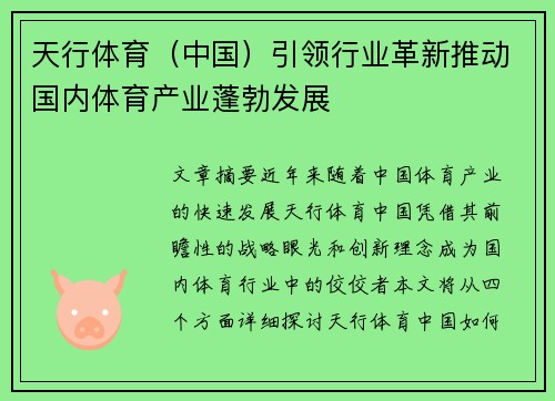 天行体育（中国）引领行业革新推动国内体育产业蓬勃发展